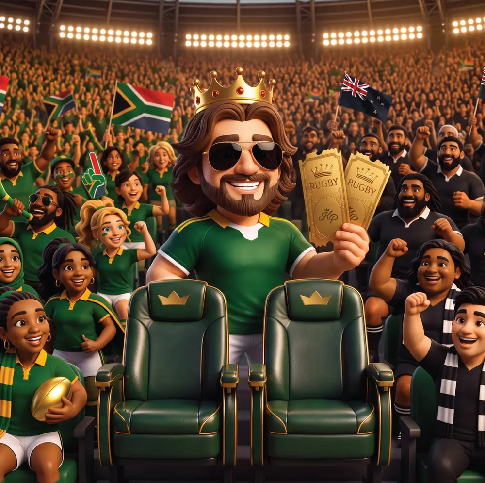 King Price rugby mascot holding premium Springboks vs All Blacks tickets